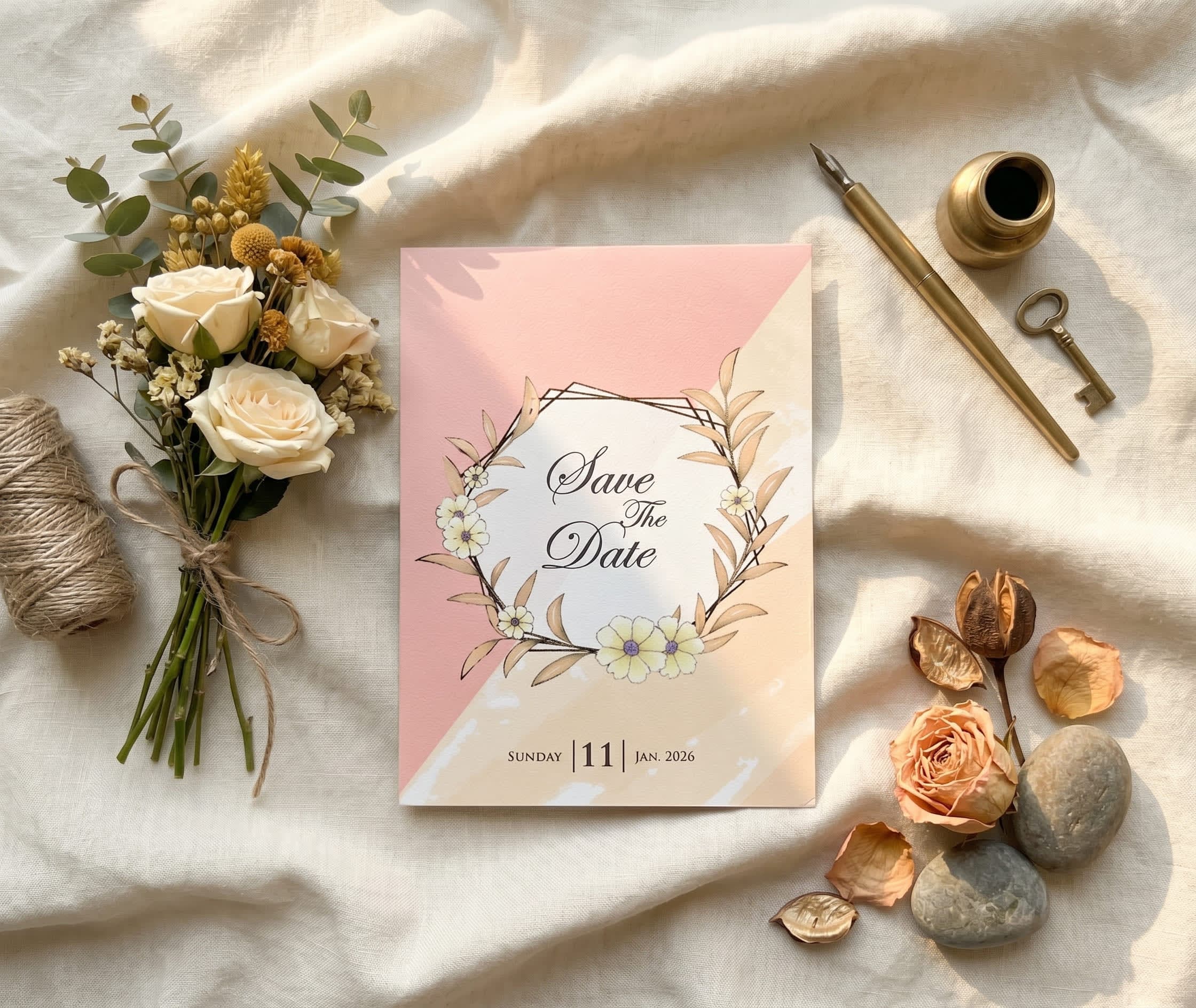 Watercolour wedding invitation card showing a bride and groom under a blush rose floral arch by Shahi Bulawa Karachi