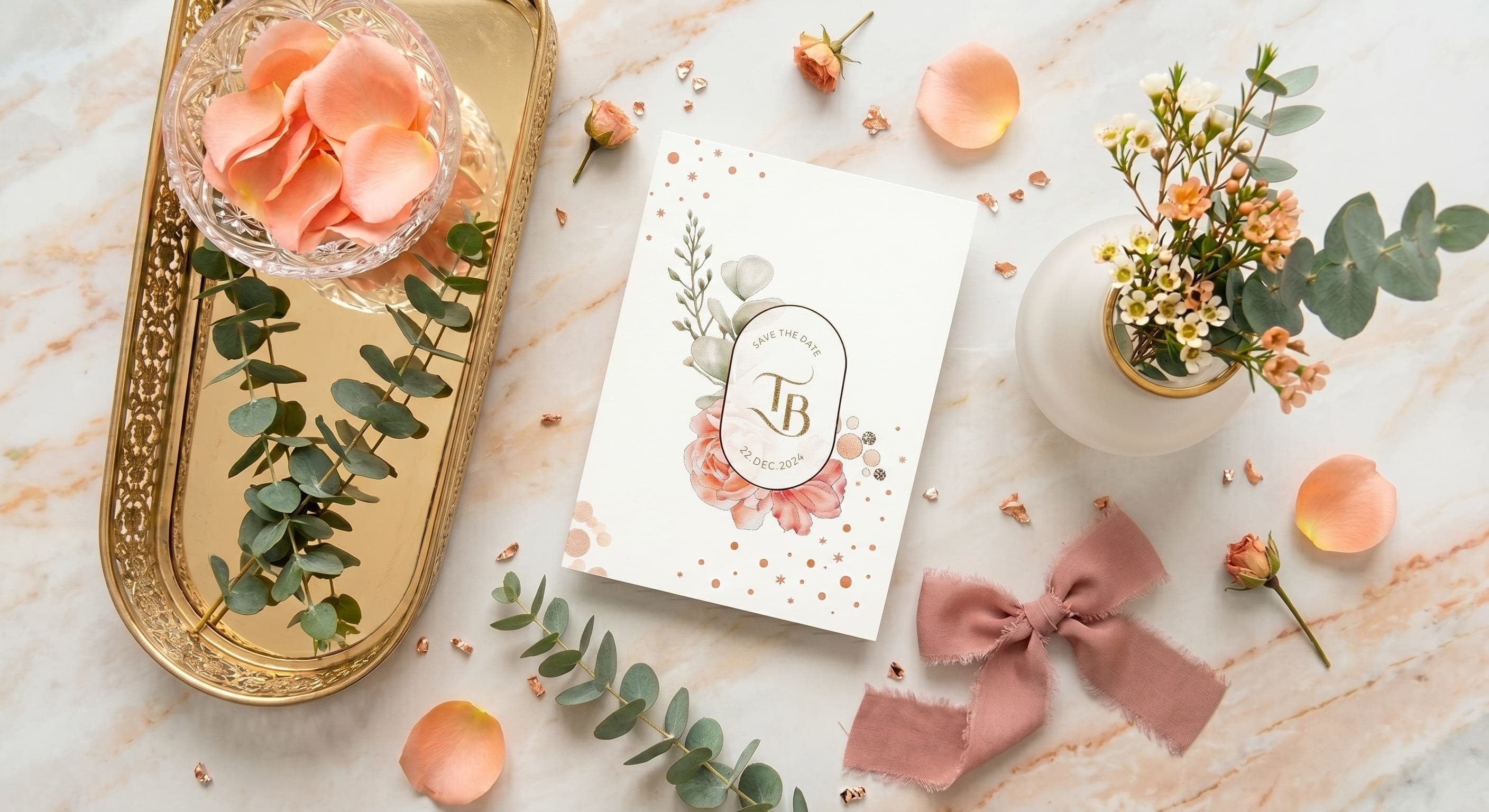 Save the date card with a gold monogram in an oval frame, eucalyptus sprigs and a peach peony by Shahi Bulawa Karachi