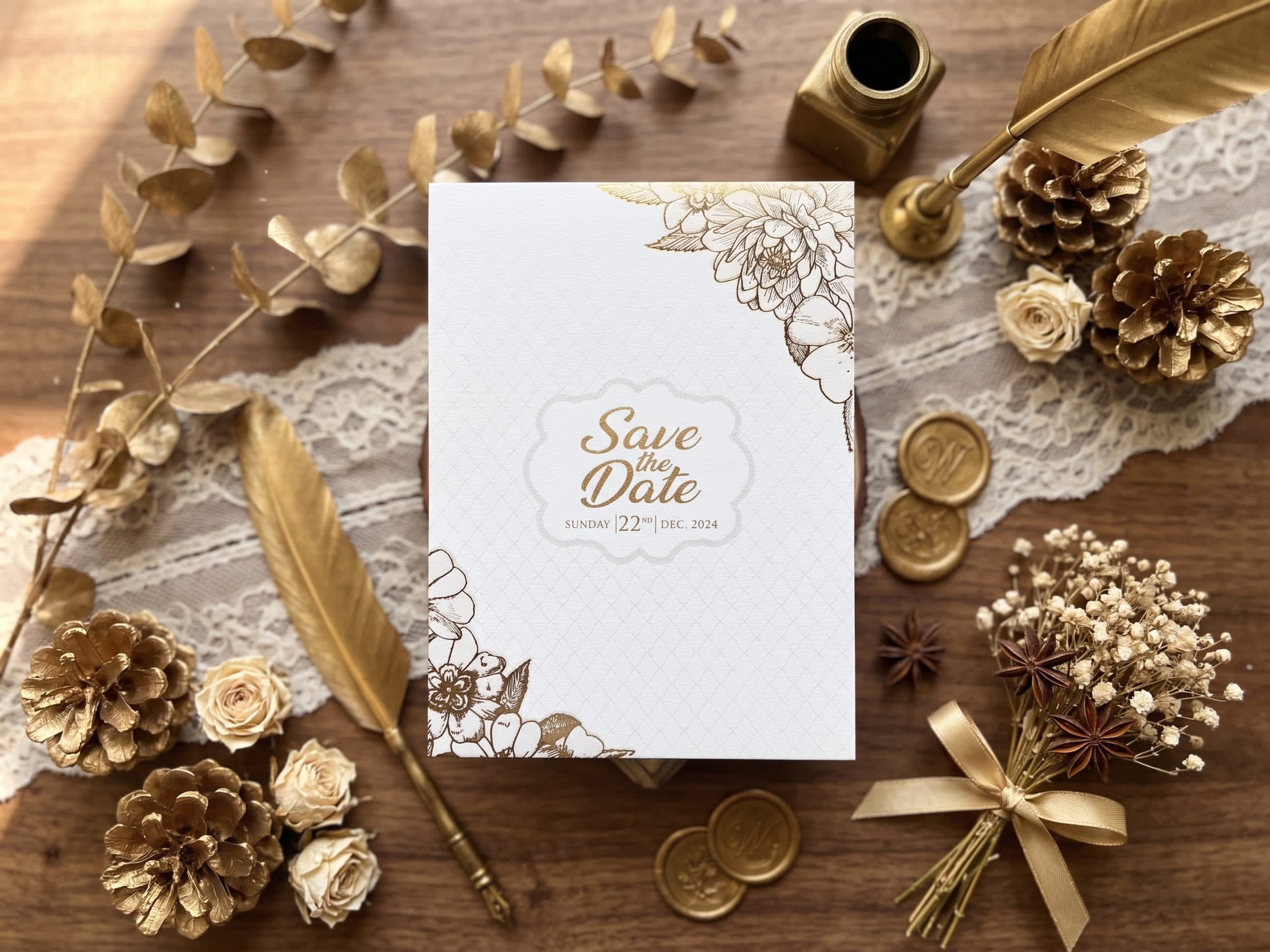 White wedding ceremony card with a subtle quatrefoil lattice border and gold and black text by Shahi Bulawa Karachi