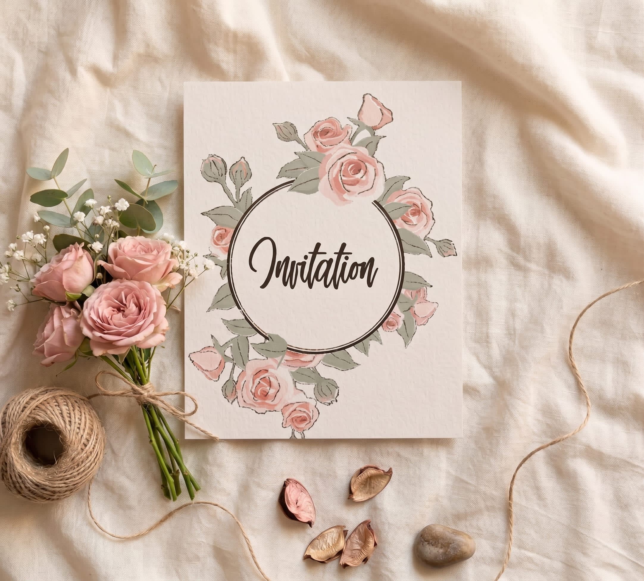 White wedding invitation card with a blush pink rose ring and brown calligraphy Invitation by Shahi Bulawa Karachi