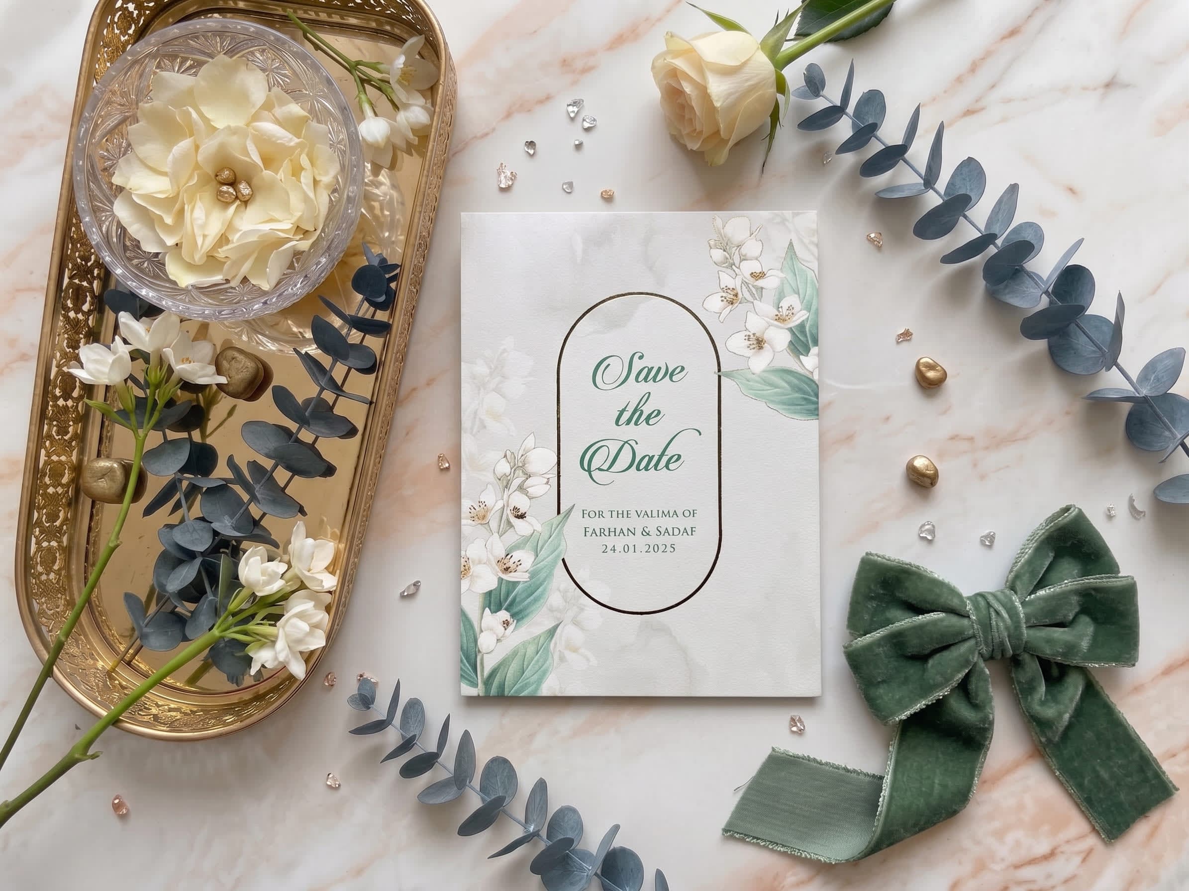 Valima reception card with green script calligraphy and white jasmine watercolour florals by Shahi Bulawa Karachi