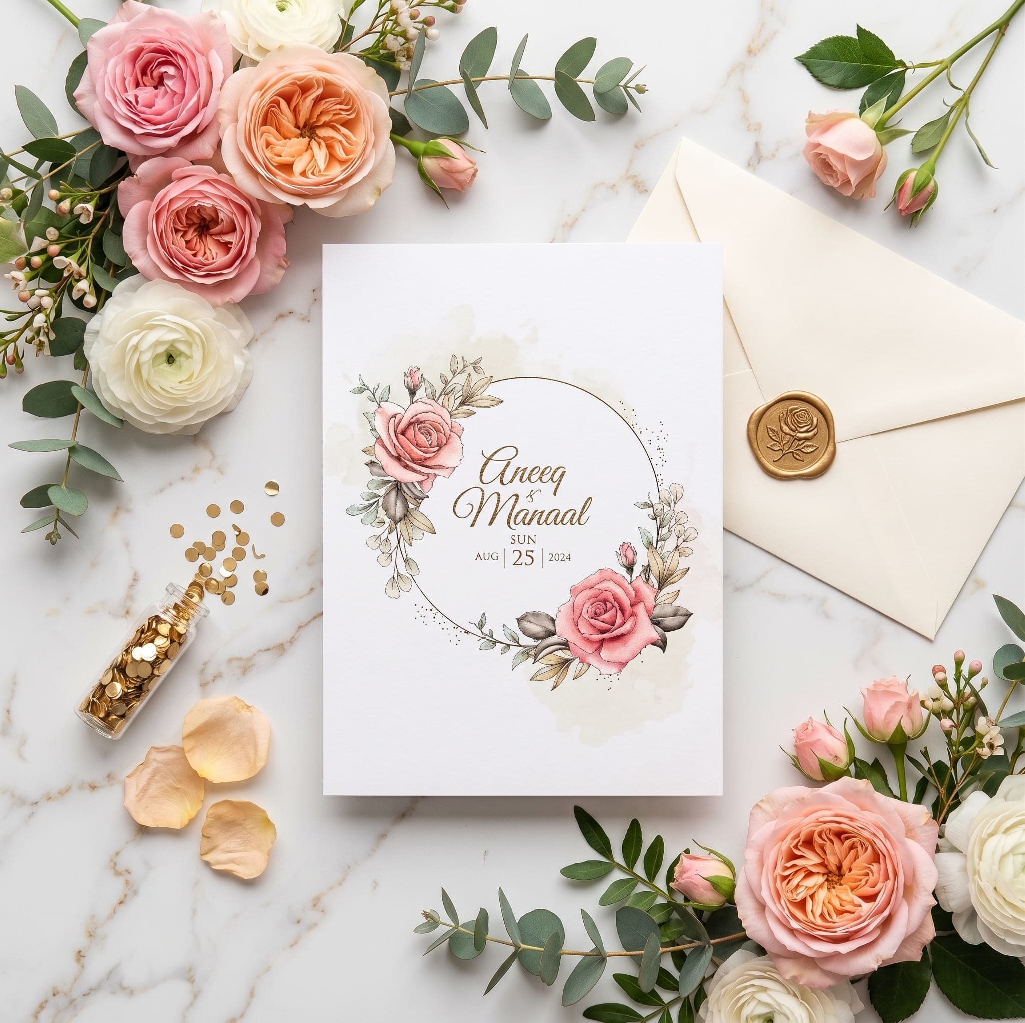 White wedding card with a delicate gold wreath ring, pink roses and gold script names by Shahi Bulawa Karachi