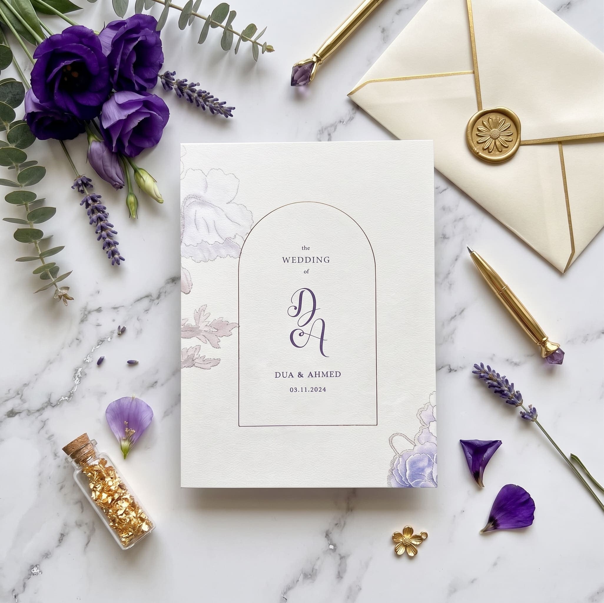 Wedding ceremony card with a gold-line arch frame and soft lilac and purple peony florals by Shahi Bulawa Karachi