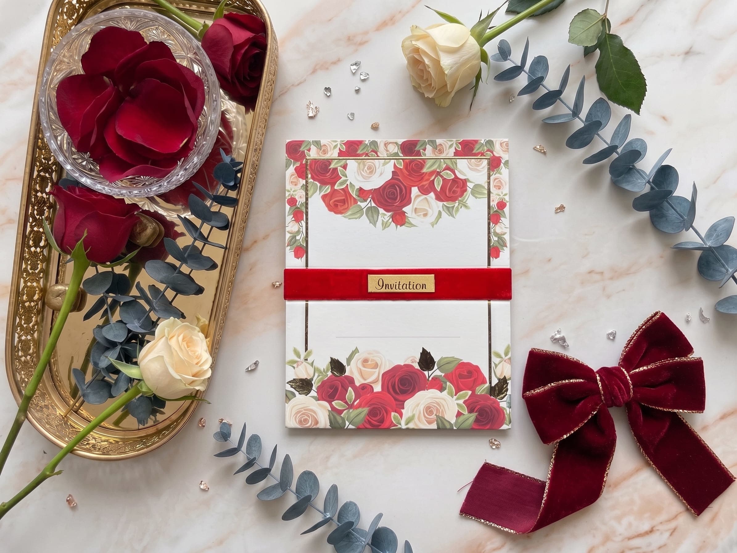Red and ivory rose wedding invitation card with a red velvet band and gold Invitation plaque by Shahi Bulawa Karachi