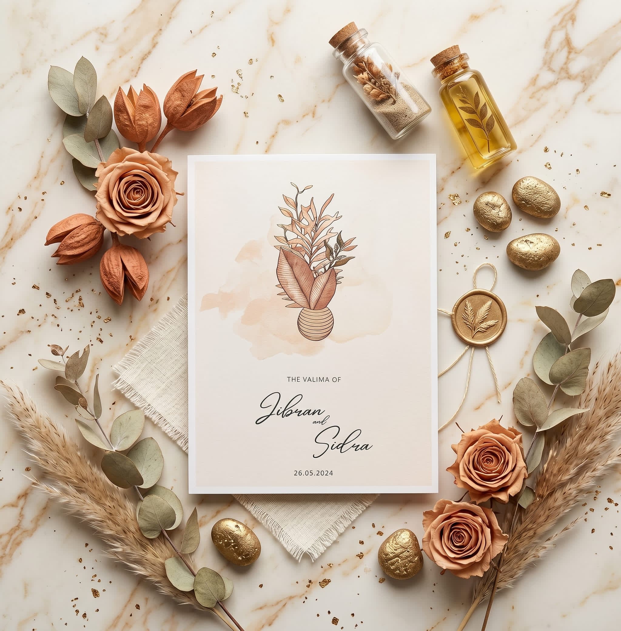 Minimalist valima card with a terracotta and rust botanical vase illustration on a warm beige wash by Shahi Bulawa Karachi
