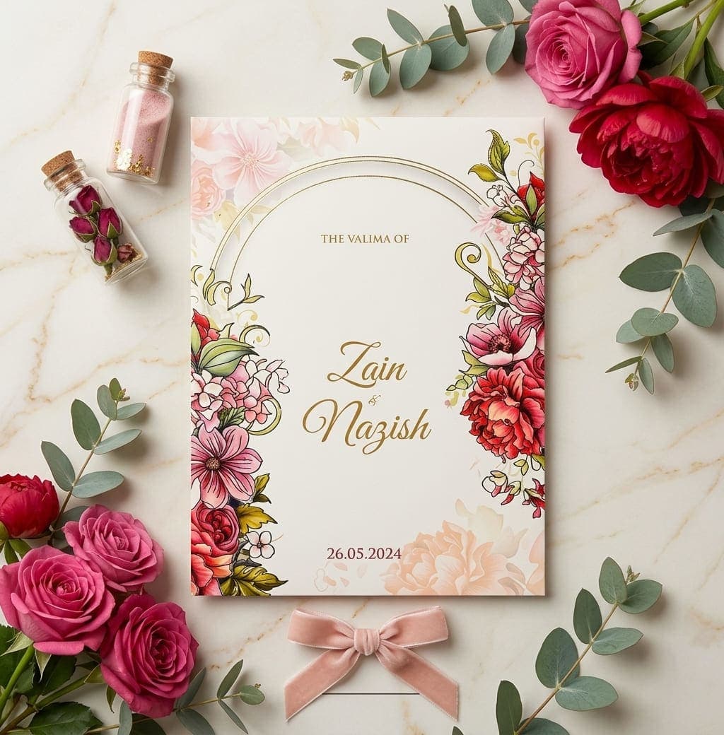 Valima reception card with a silver foil arch and lush pink and coral peony watercolour florals by Shahi Bulawa Karachi