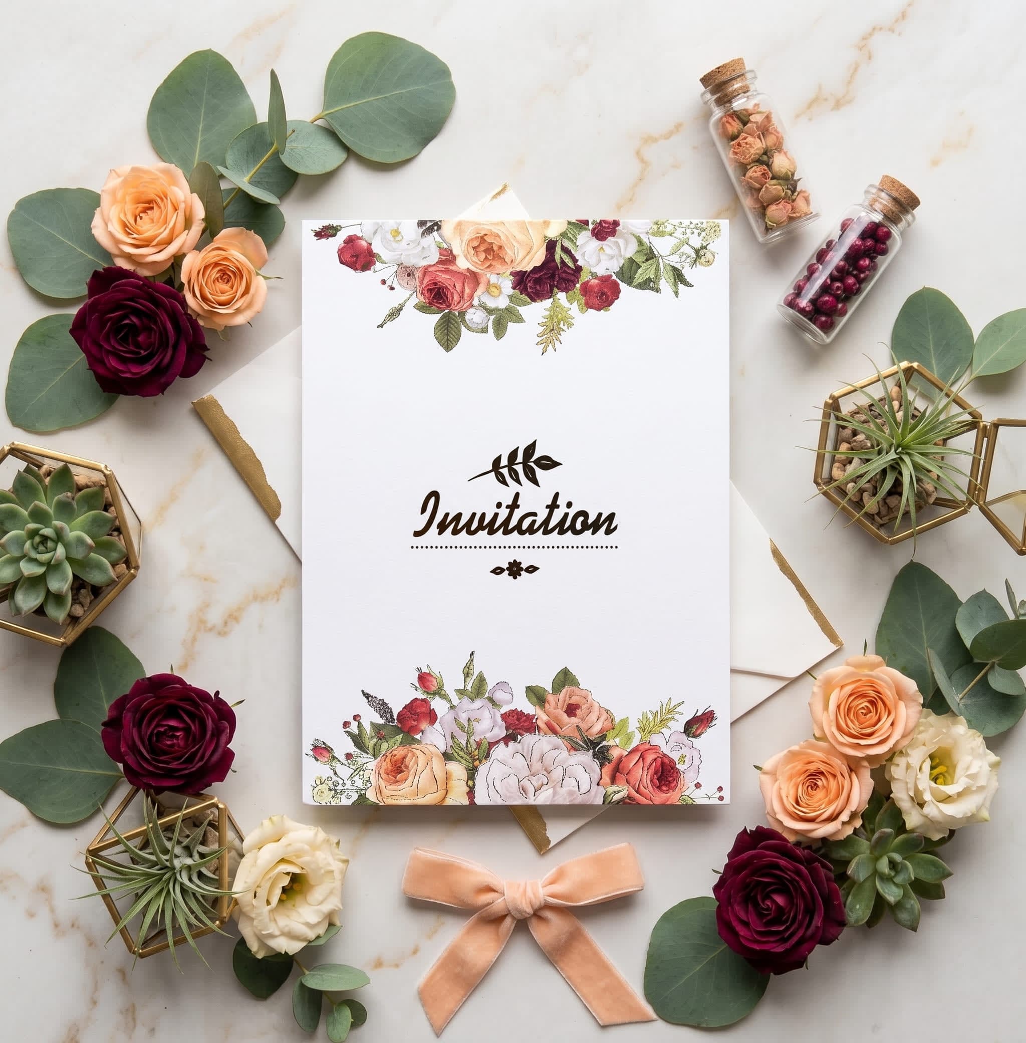 Ivory wedding invitation card with vintage rose clusters at the top and bottom and brown script Invitation by Shahi Bulawa Karachi