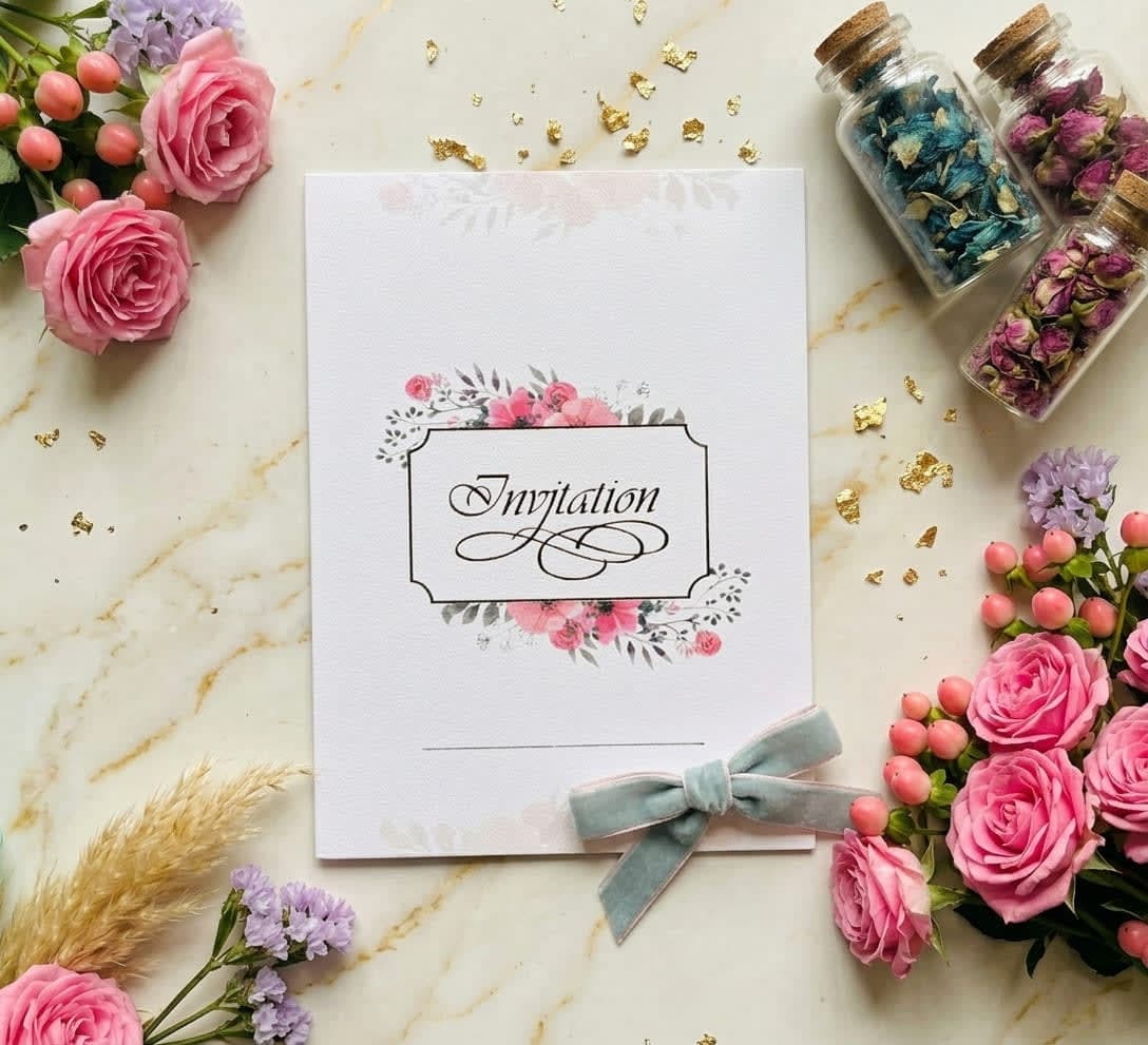 White wedding invitation card with delicate pink roses around an ornate frame and calligraphy Invitation by Shahi Bulawa Karachi