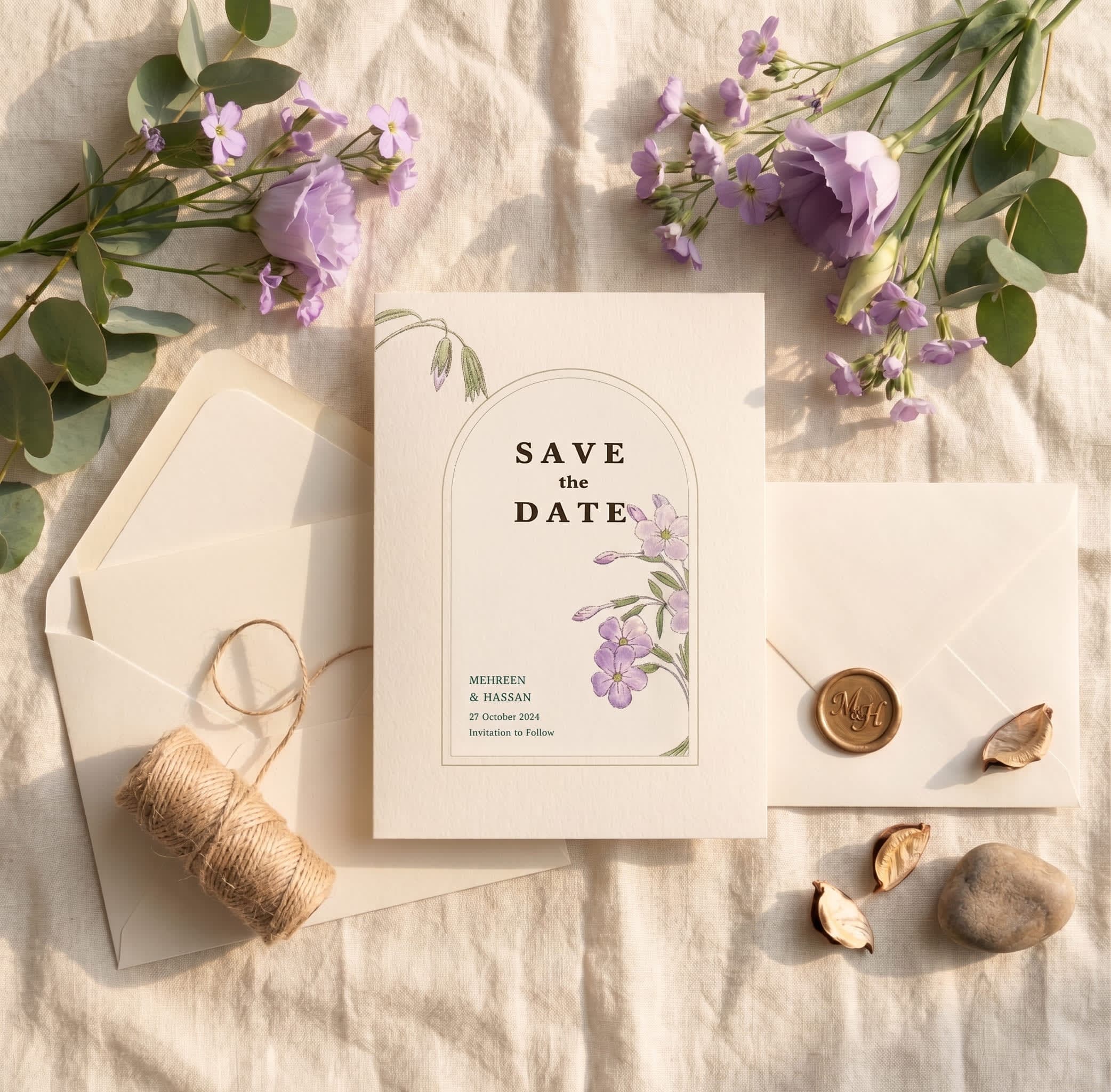 Wedding ceremony card set with an arch-cut cover and lilac periwinkle watercolour florals by Shahi Bulawa Karachi