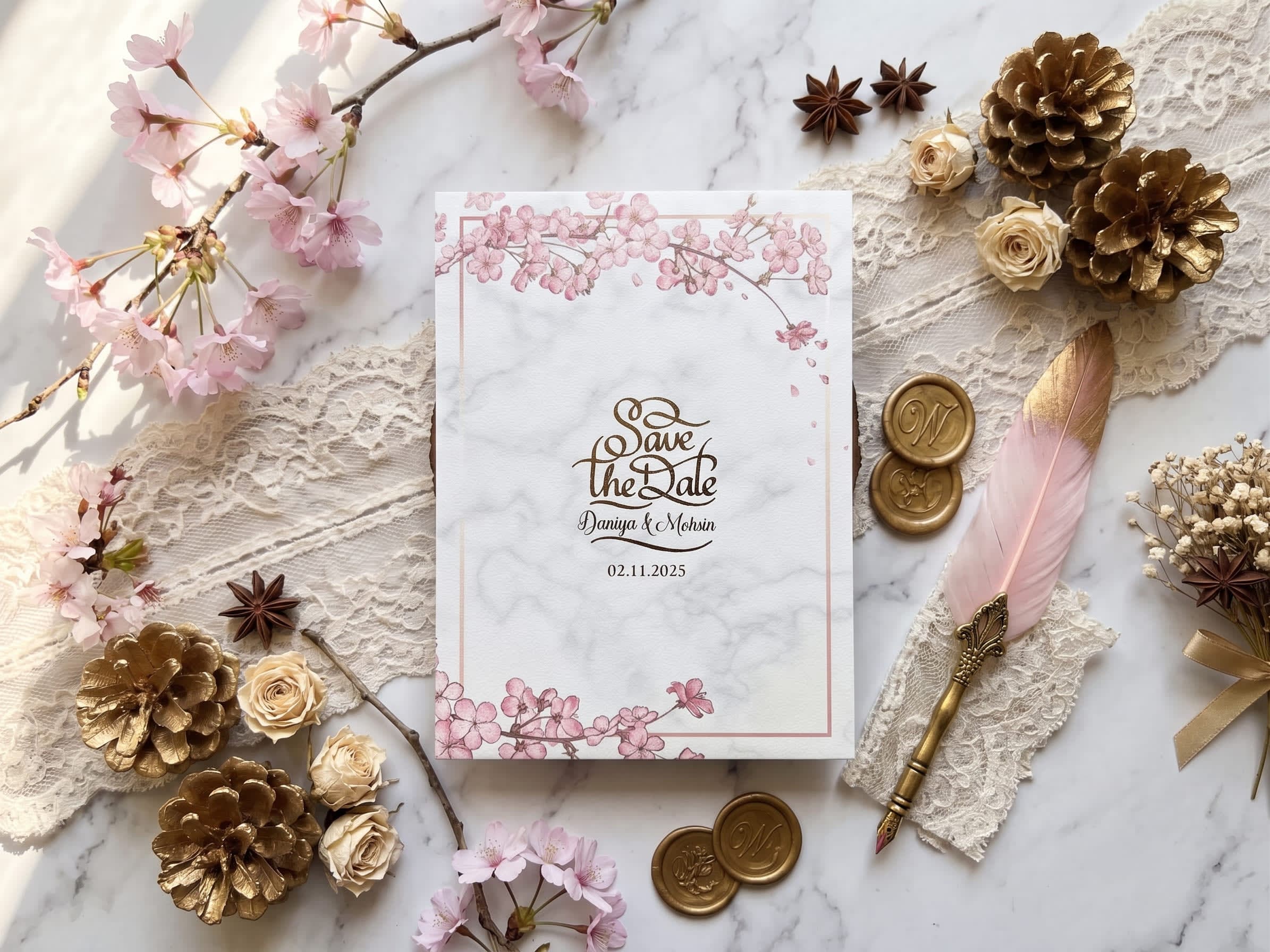 Save the date card with a grey marble background, pink cherry blossom branches and a thin rose-gold frame by Shahi Bulawa Karachi