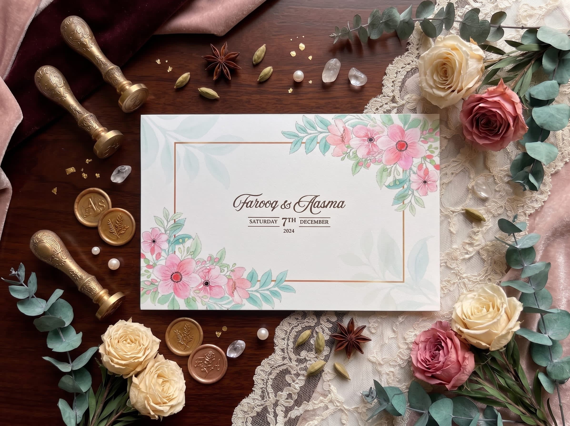 Landscape valima reception card with pink cosmos florals in the corners, a thin gold frame and teal script by Shahi Bulawa Karachi
