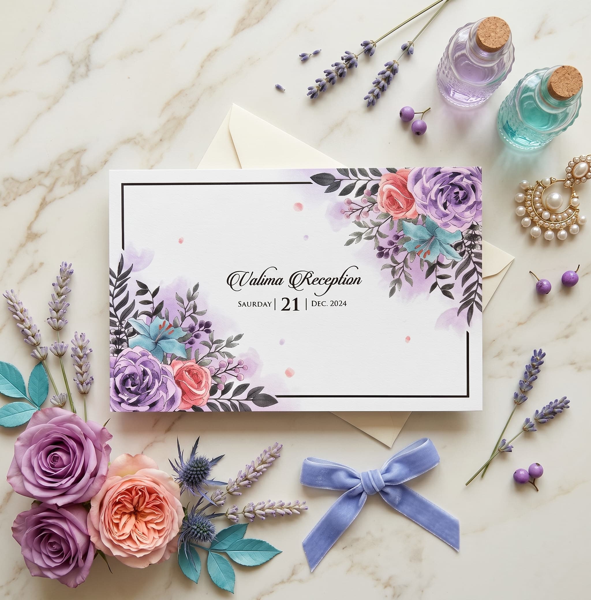 Landscape valima reception card with lavender and peach watercolour roses and a thin black frame by Shahi Bulawa Karachi