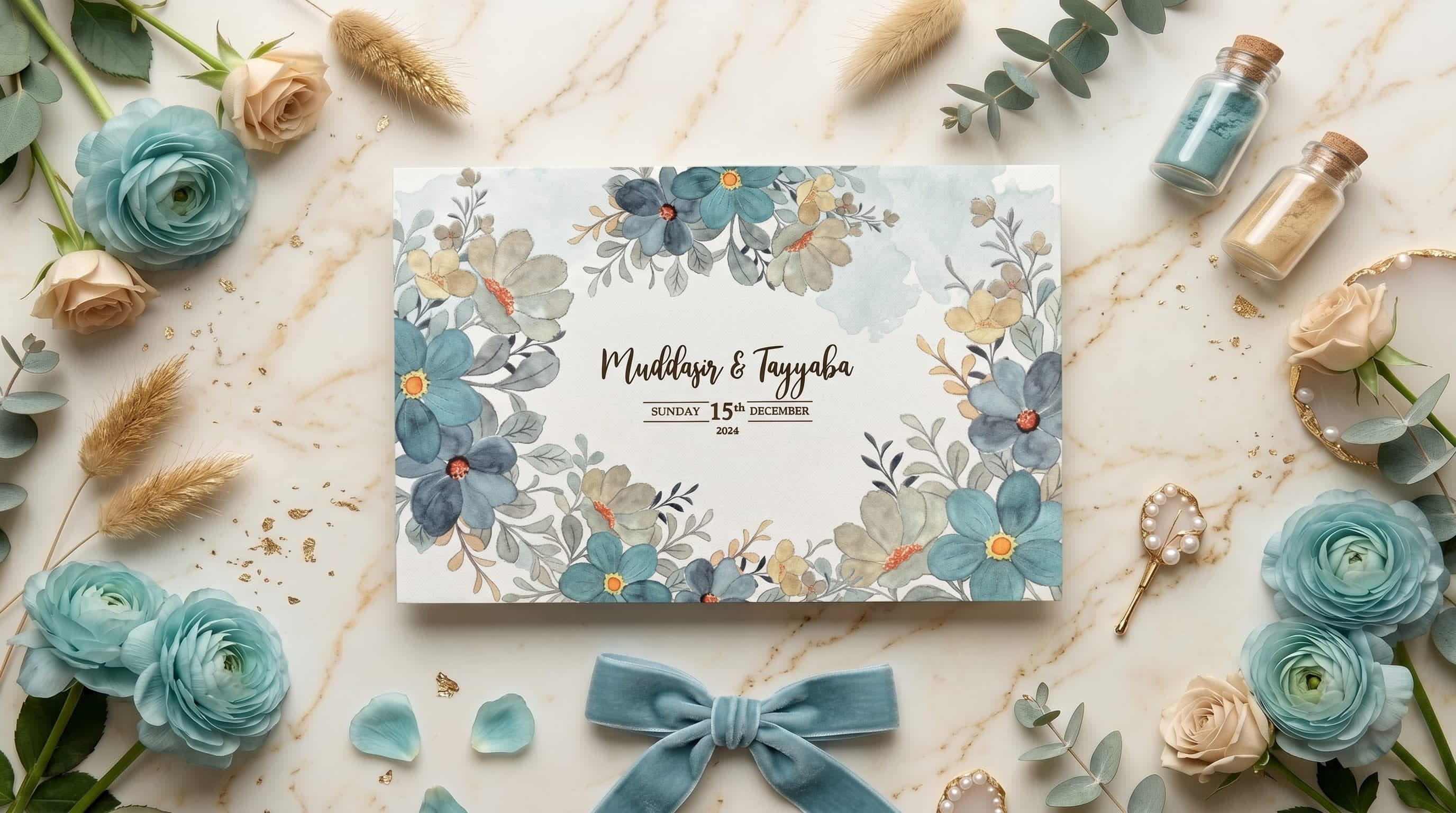 Landscape wedding card with dusty-blue and cream watercolour florals in the corners by Shahi Bulawa Karachi