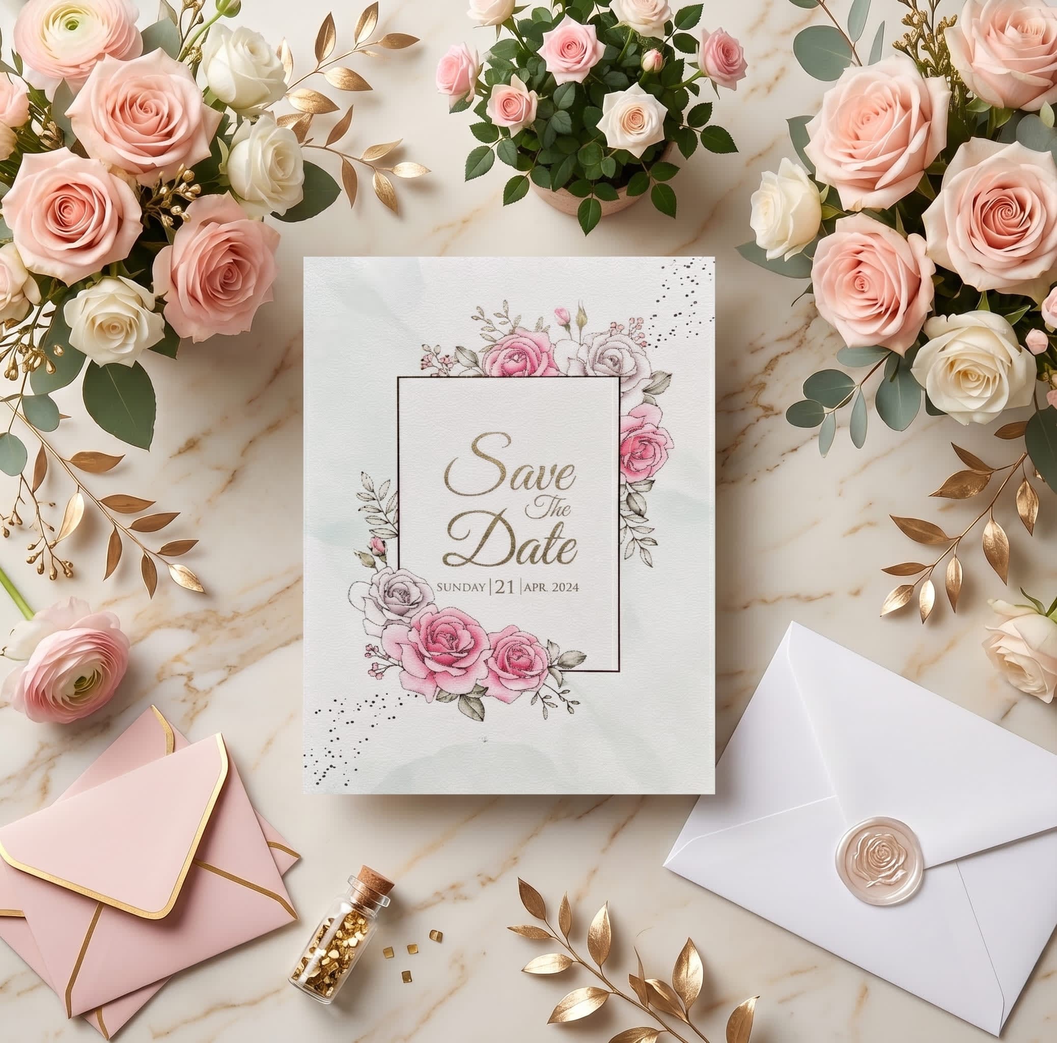 Valima reception card with large pink roses in the corners, a thin black frame and green script by Shahi Bulawa Karachi