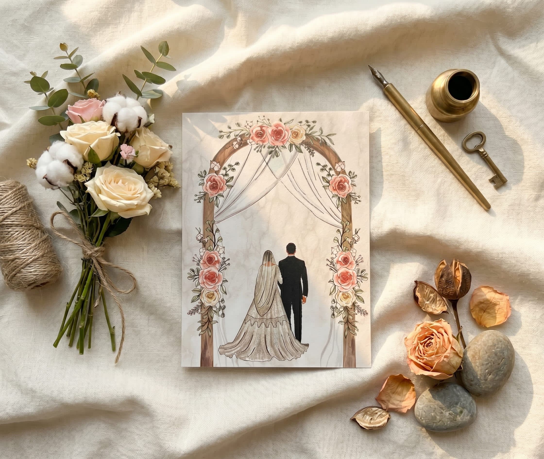 Watercolour wedding invitation card showing a bride and groom standing beneath a blush rose floral arch by Shahi Bulawa Karachi