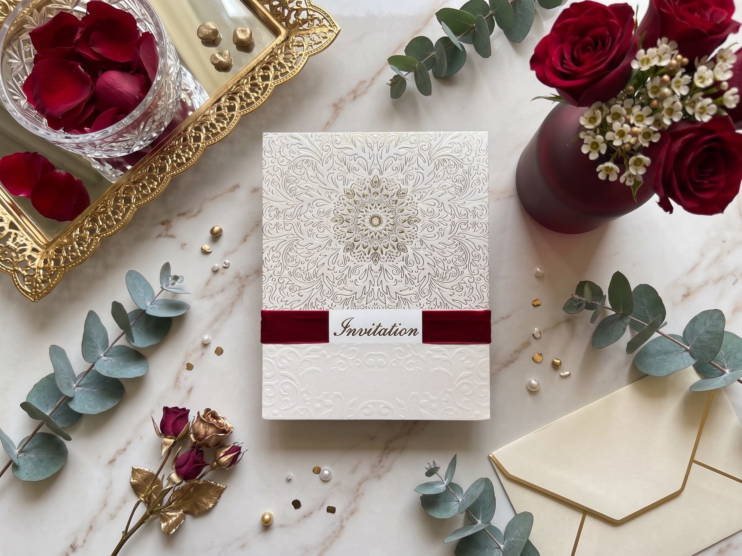 Ivory valima reception card with gold foil text and a fine engraved decorative border strip by Shahi Bulawa Karachi