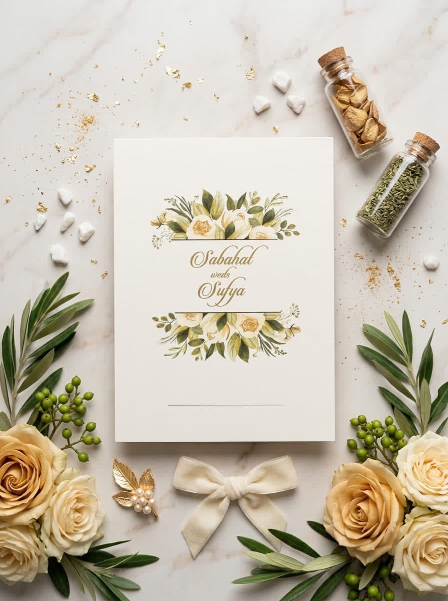 White wedding card with soft sage-green and cream floral sprays and gold script reading weds by Shahi Bulawa Karachi