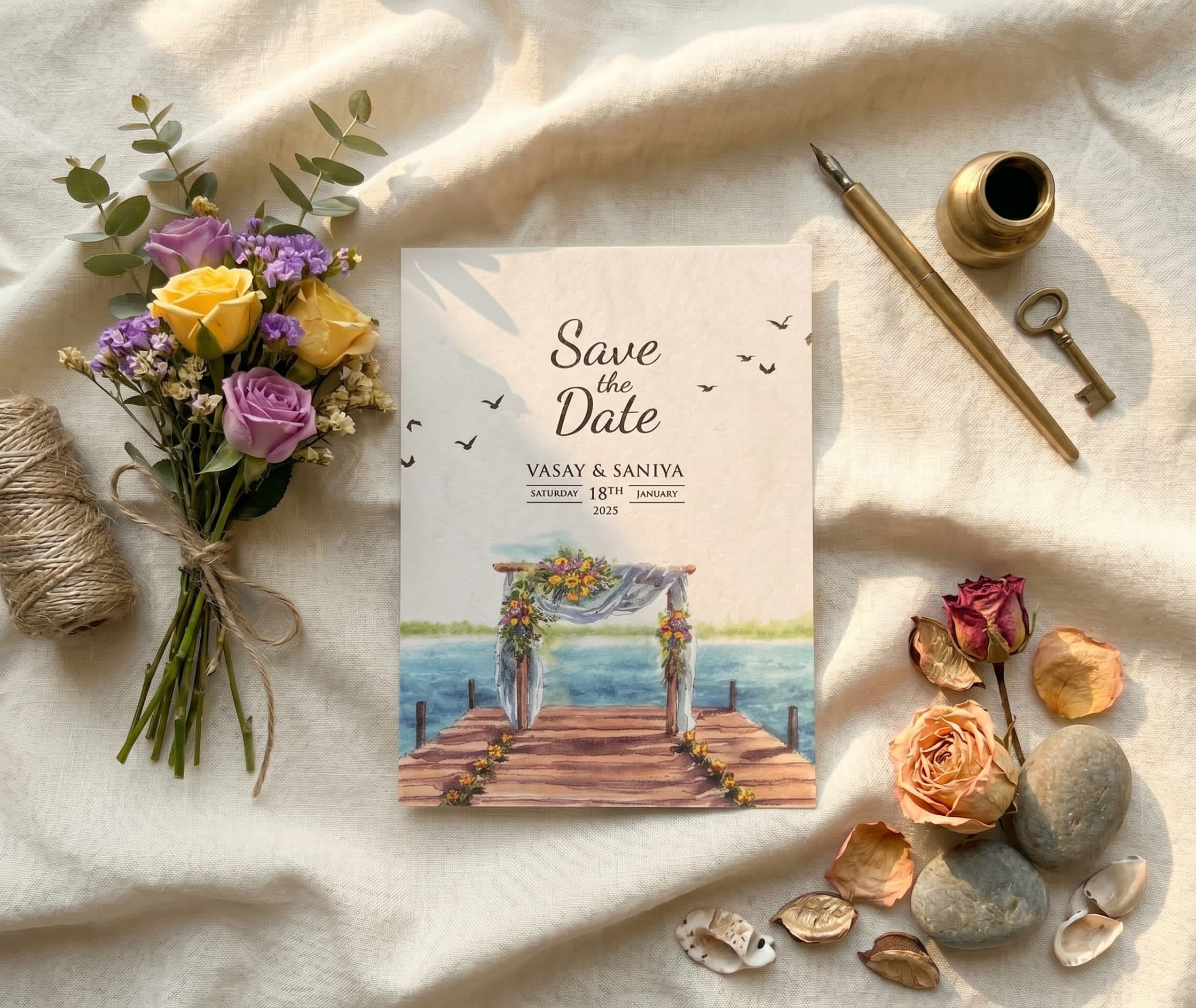 Watercolour save the date card showing a lakeside dock with a floral arch and flying birds by Shahi Bulawa Karachi
