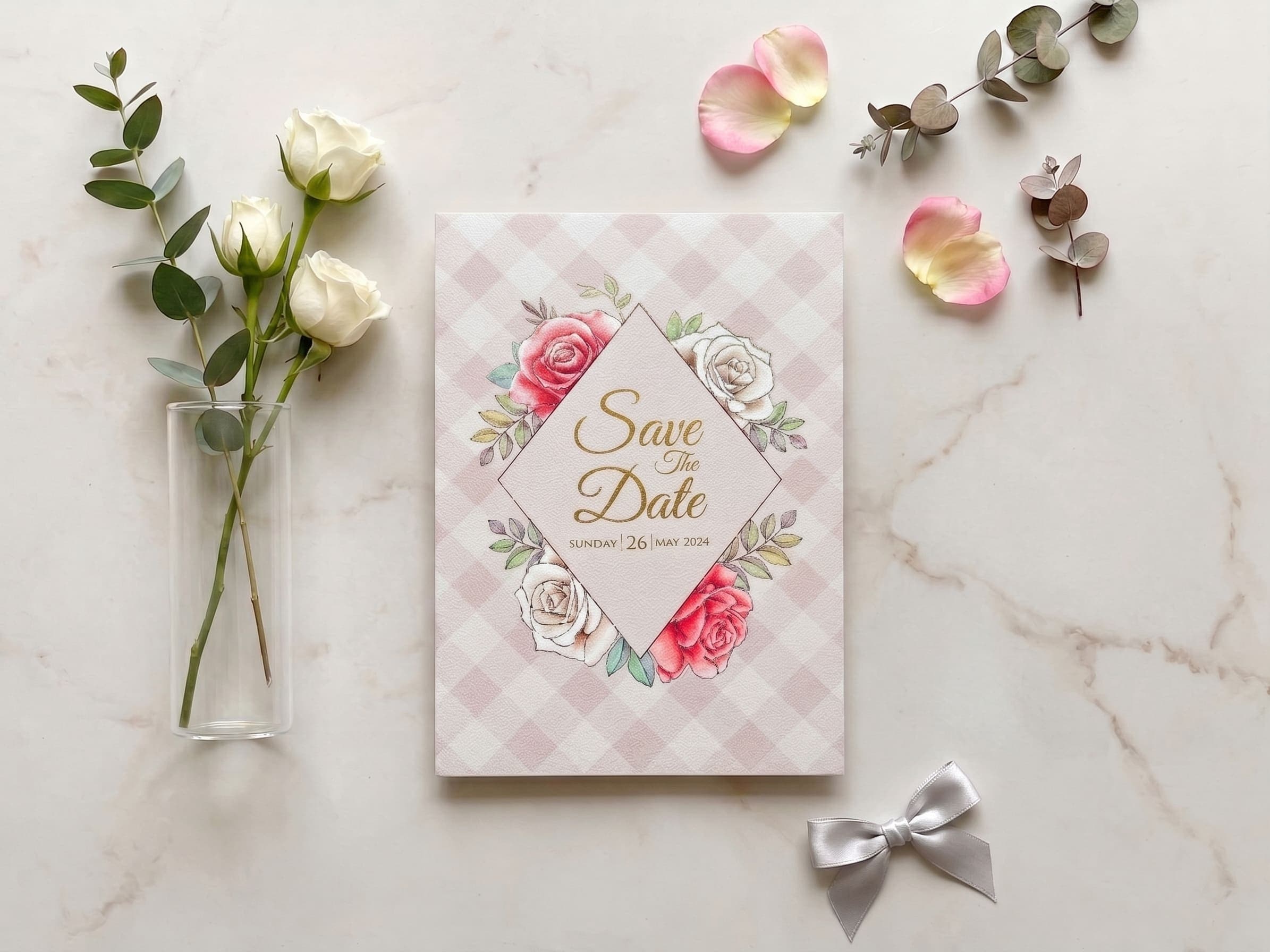 Save the date card with a gold diamond frame, red and white roses and a soft gingham background by Shahi Bulawa Karachi