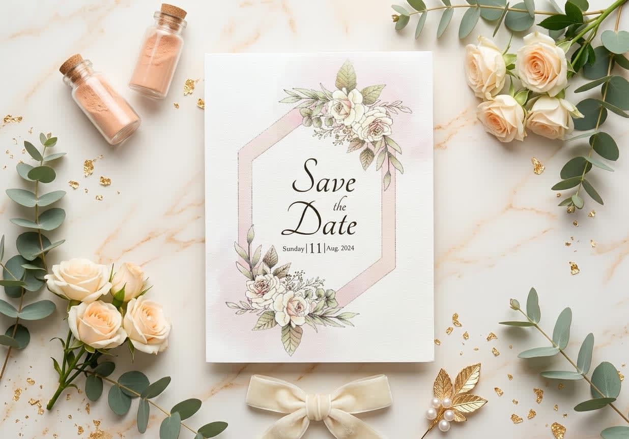 Save the date card with a hexagon geometric frame, soft mauve wash and cream rose clusters by Shahi Bulawa Karachi