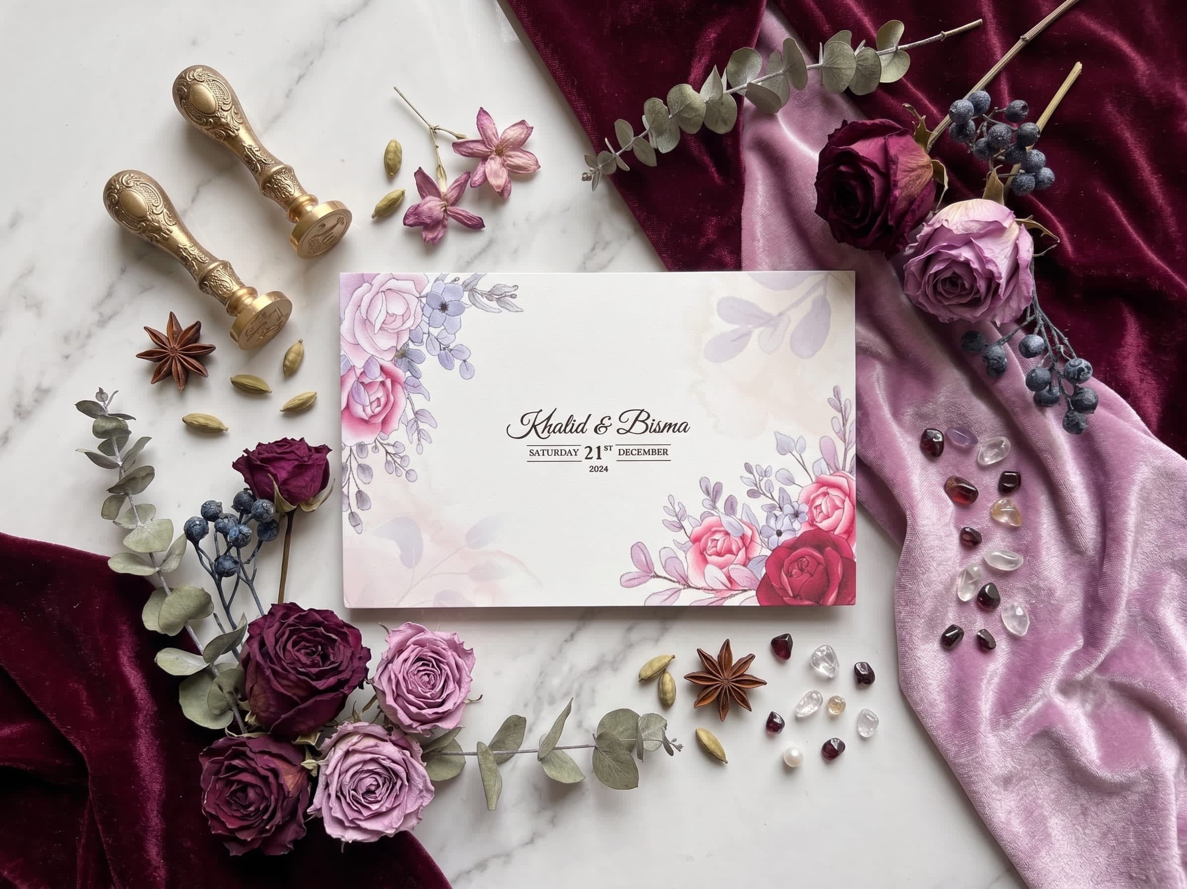 Landscape wedding card with mauve and burgundy watercolour roses in the corners and a soft wash by Shahi Bulawa Karachi