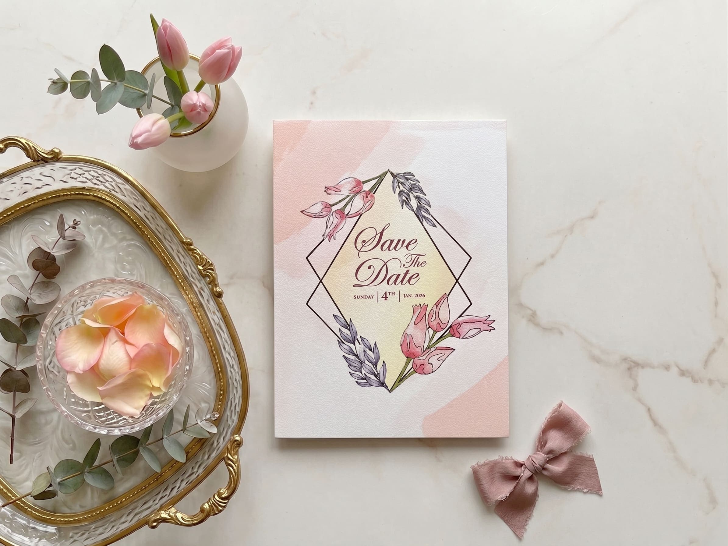 Save the date card with a geometric diamond frame, blush watercolour wash and pink tulip florals by Shahi Bulawa Karachi