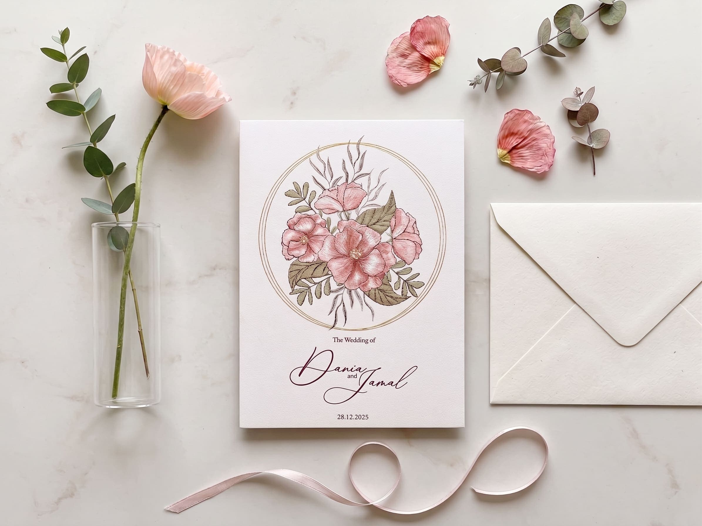 Wedding invitation card with a hand-drawn pink rose bouquet inside a soft pink circle by Shahi Bulawa Karachi