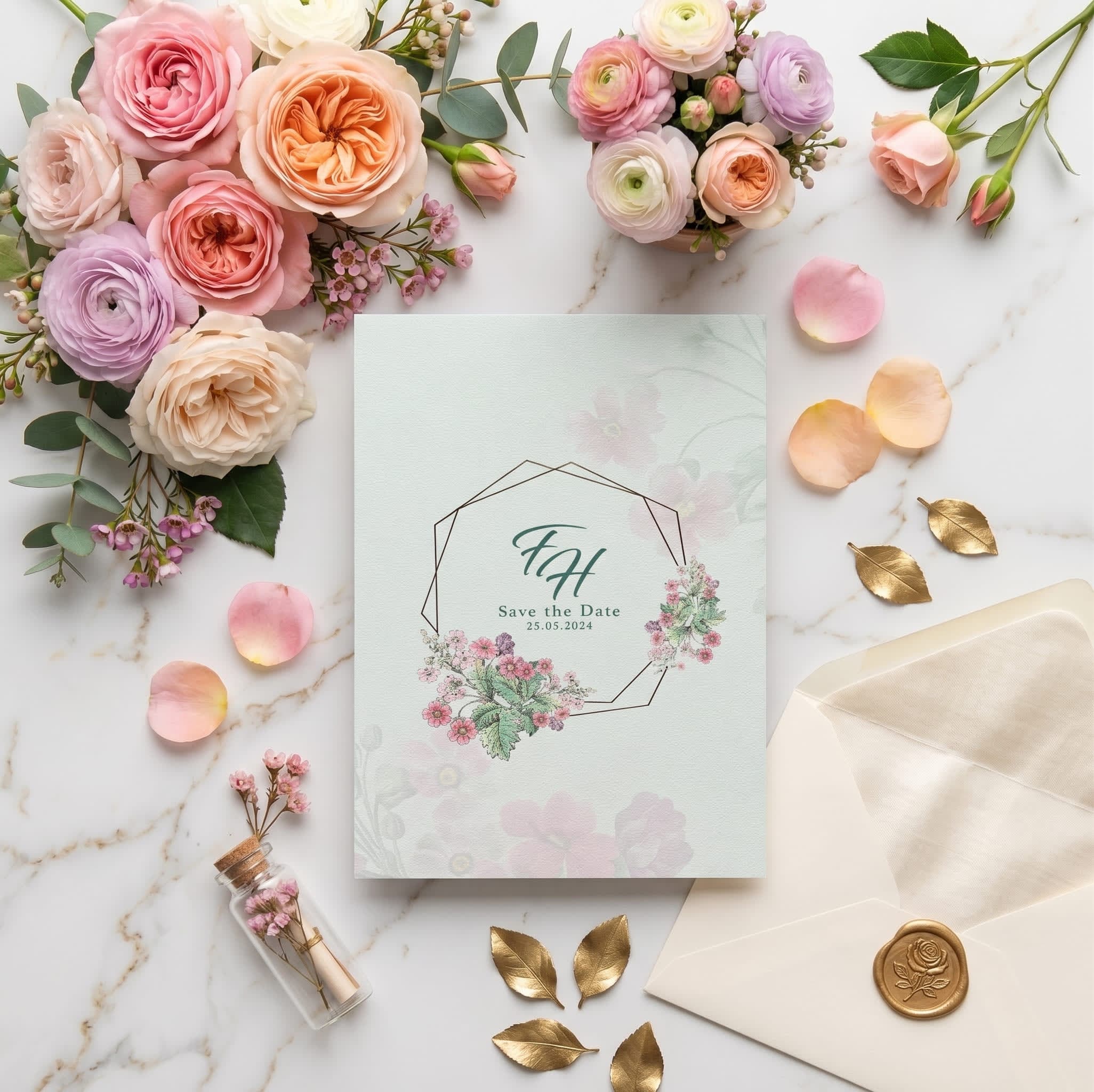 Save the date card with a gold heptagon geometric frame, green monogram and a pink wildflower wreath by Shahi Bulawa Karachi