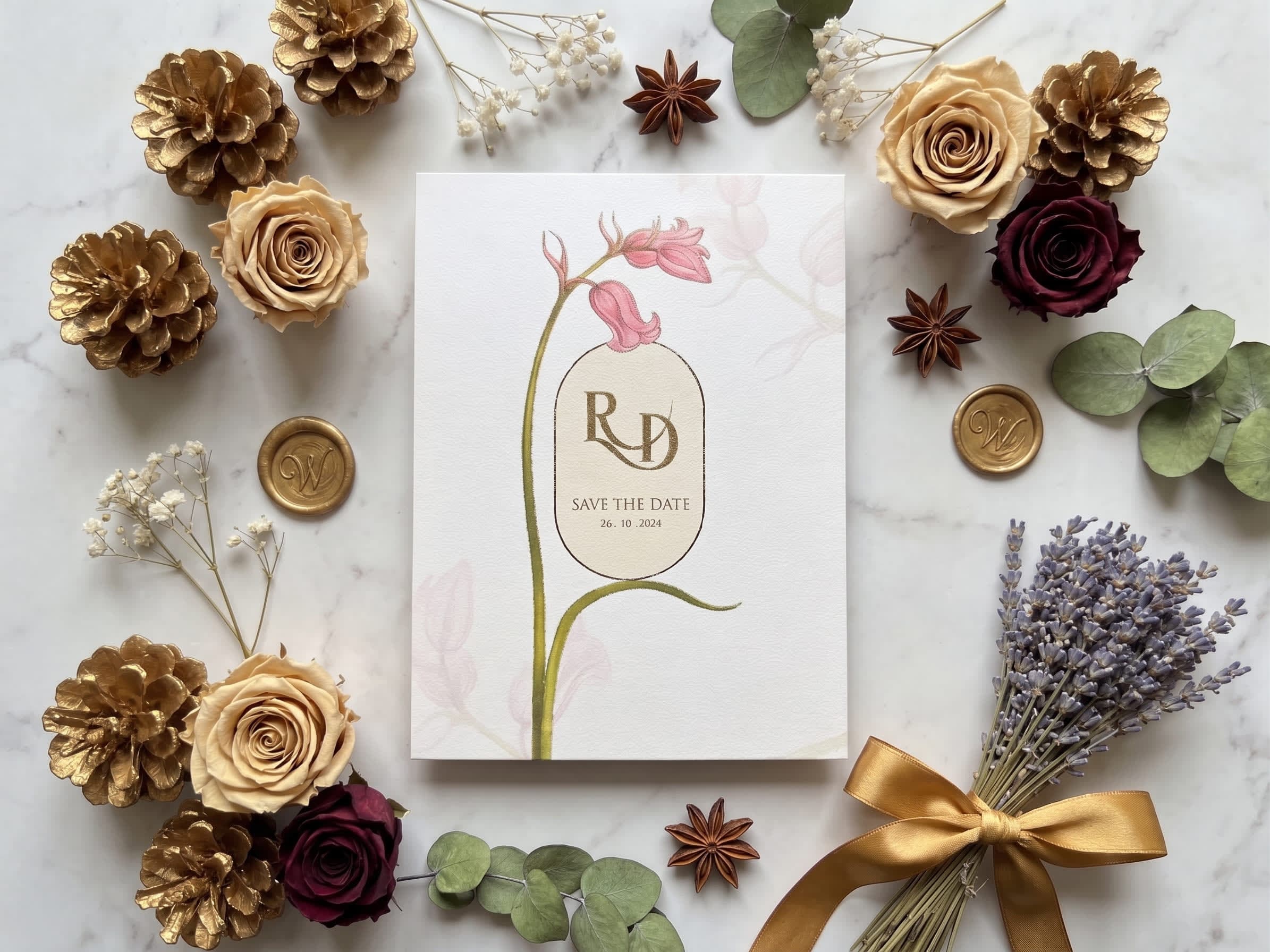 Minimalist save the date card with a single hand-painted pink tulip stem and a gold monogram oval by Shahi Bulawa Karachi