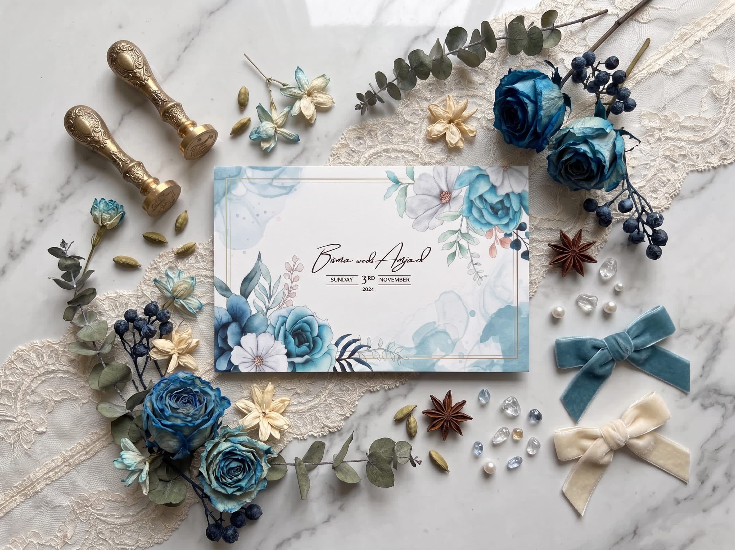 Landscape valima ceremony card with dusty-blue watercolour florals and a thin gold double frame by Shahi Bulawa Karachi