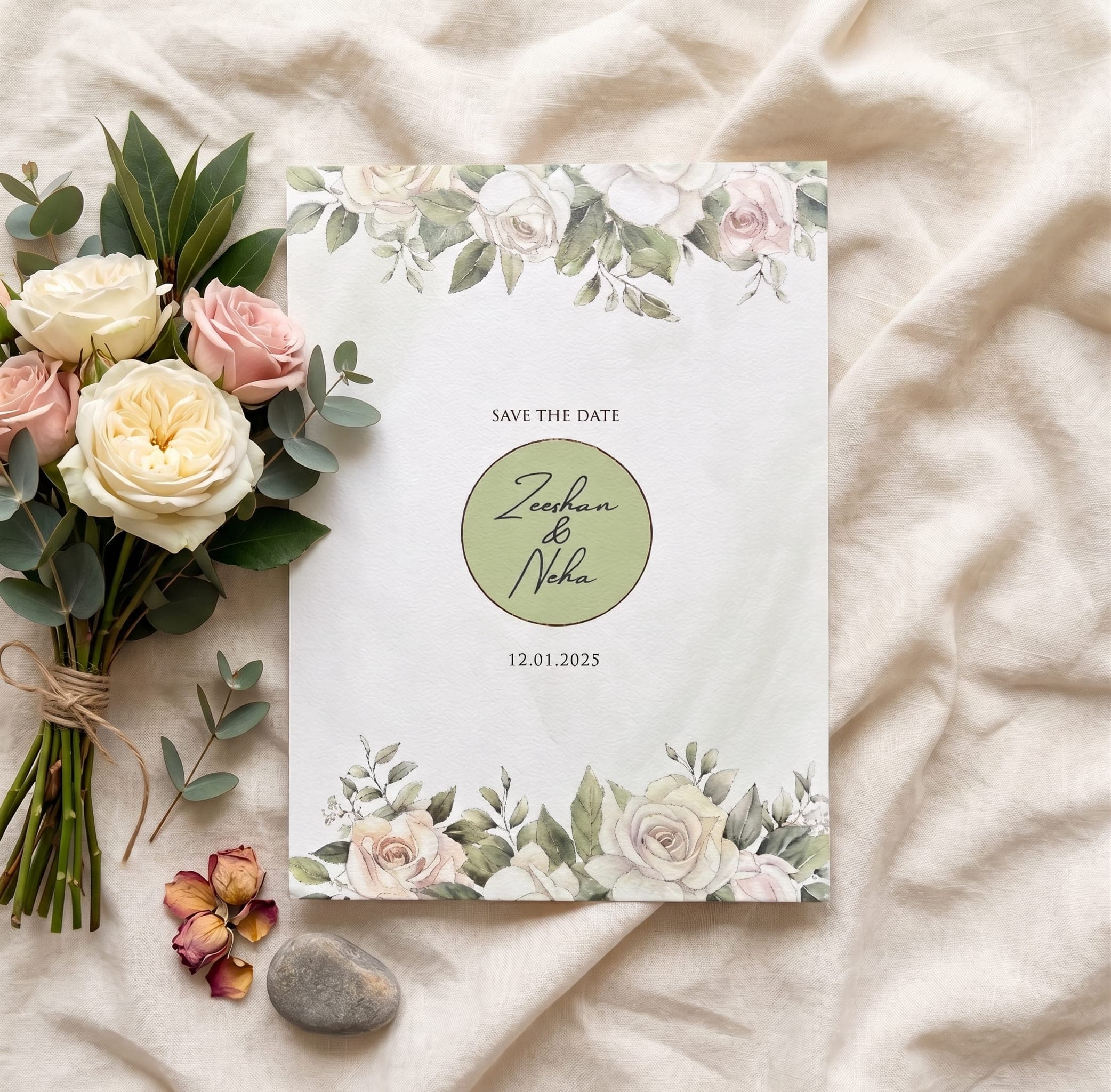 Sage Circle Monogram Save the Date Card | Shahi Bulawa Karachi
