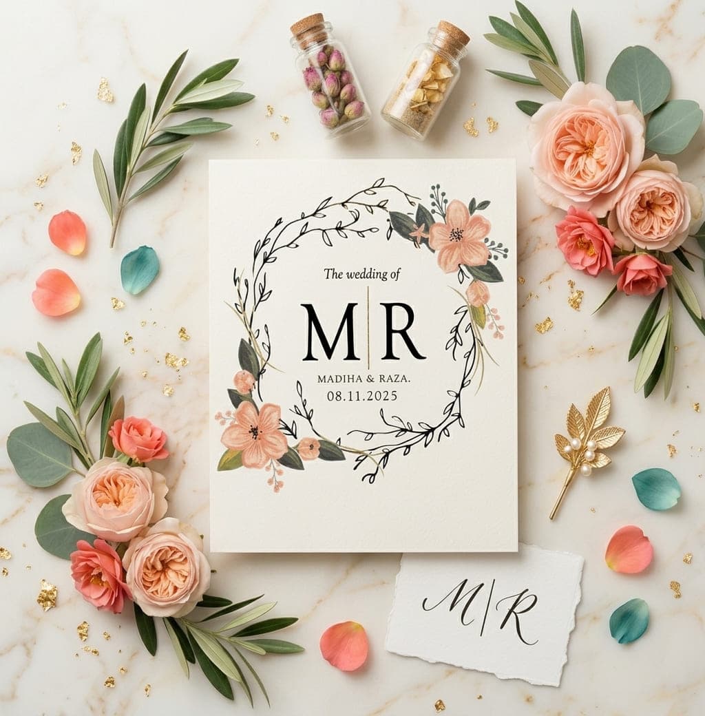 Marble & Gold Monogram Wreath Wedding Card | Shahi Bulawa Karachi