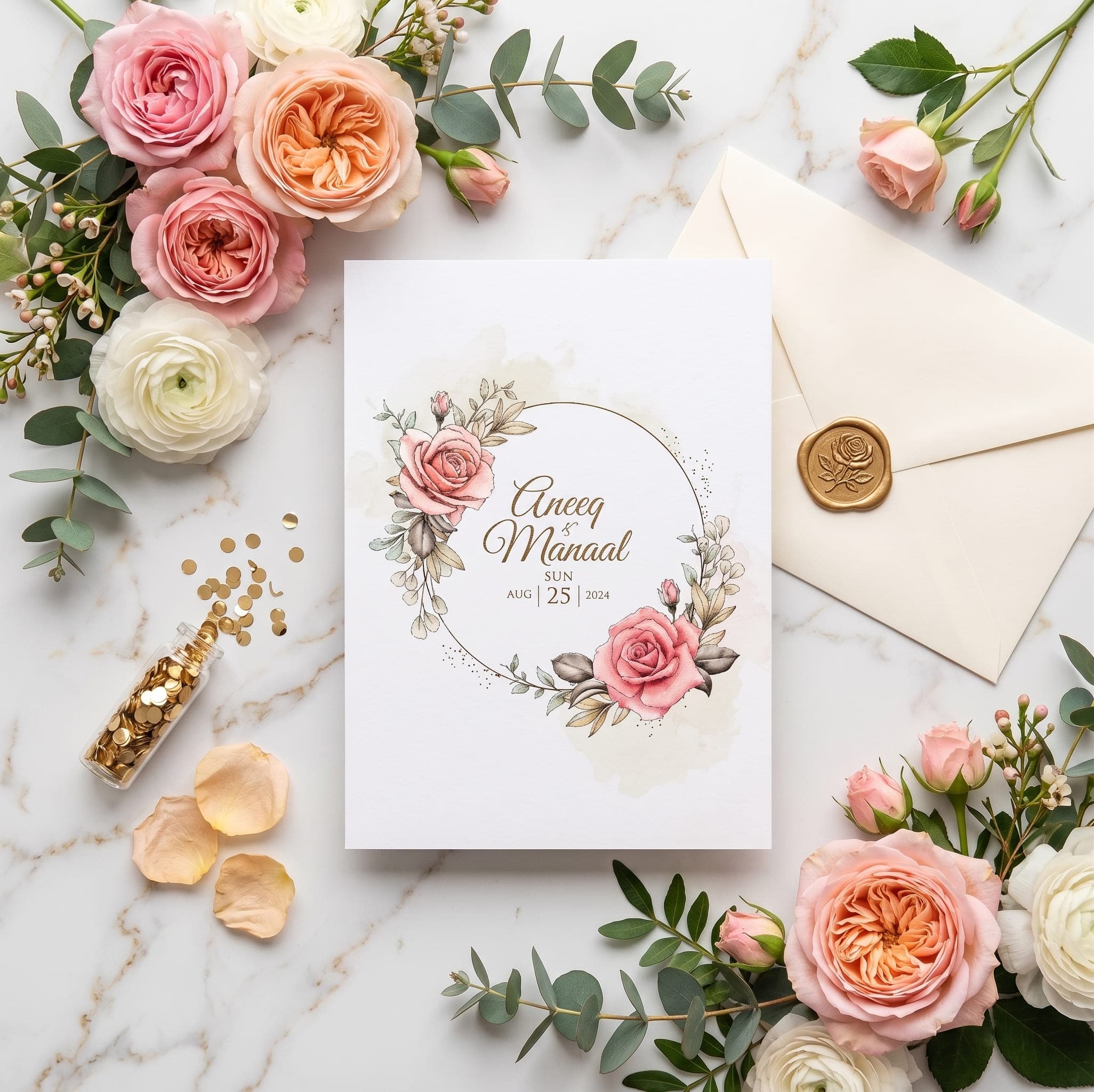Gold Wreath Ring Rose Wedding Invitation Card | Shahi Bulawa Karachi